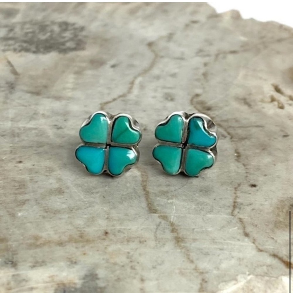 Sterling Silver 925 Dainty Turquoise Inlay Four Leaf Clover Flower Stud Earrings